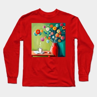 Inquisitive Cute Abstract Flowers in a Red Vase Still Life Painting Long Sleeve T-Shirt